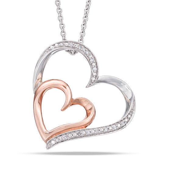 Diamond Accent Tilted Double Heart Pendant in Sterling Silver and 14K Rose Gold Plate | Silver ...