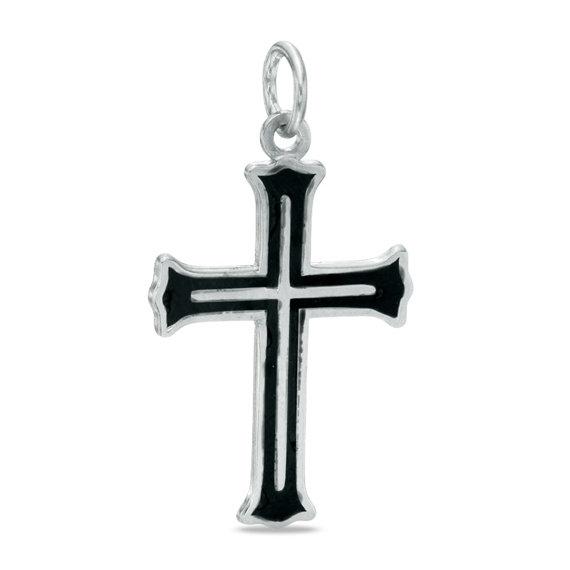 Black Enamel Cross Charm in Sterling Silver