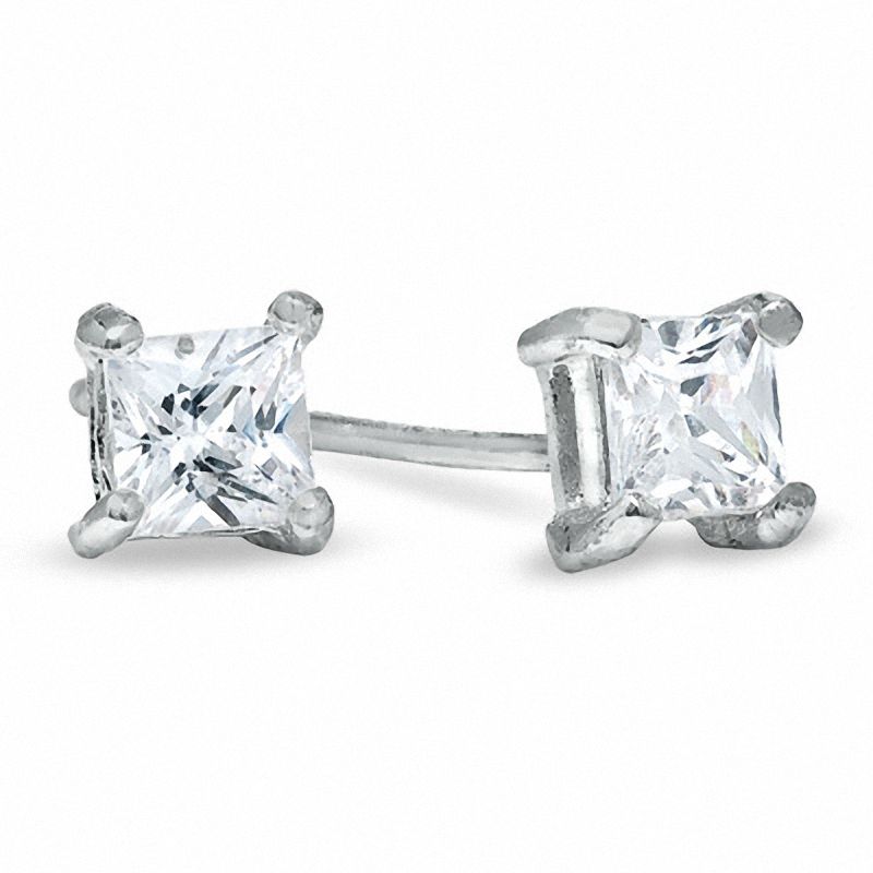 Diamond Look Princess Cut Cubic Zirconia Stud Earrings April Birthstone Platinum Plated