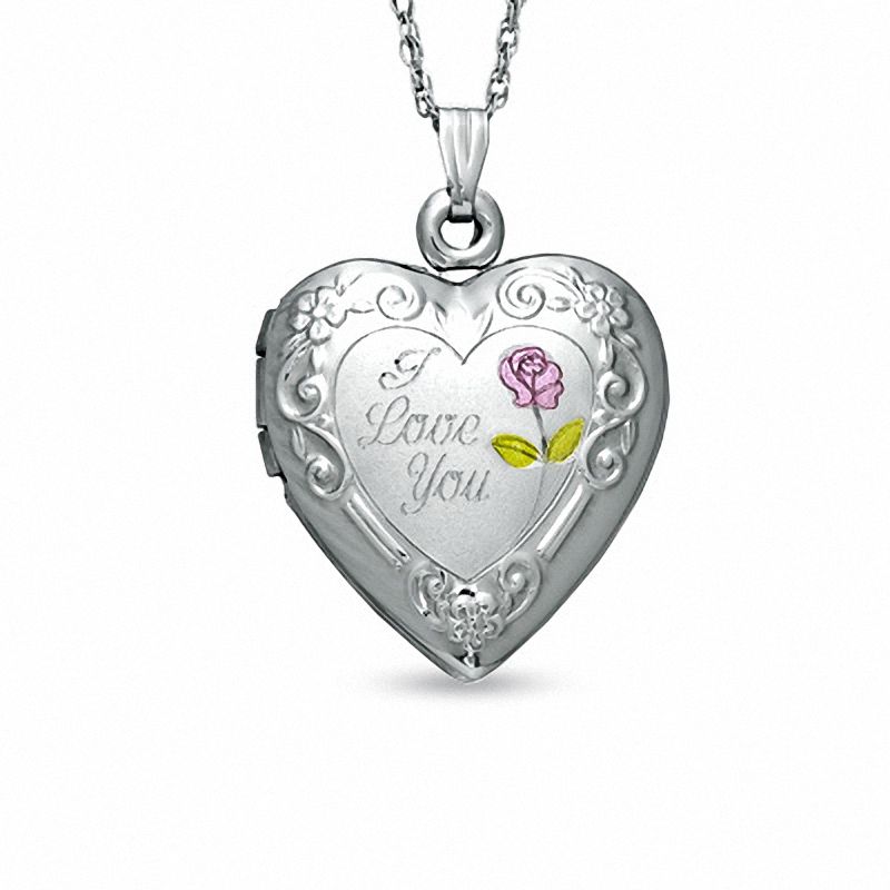 "I Love You" Floral Filigree Heart Locket in Sterling Silver with Pink and Green Resin