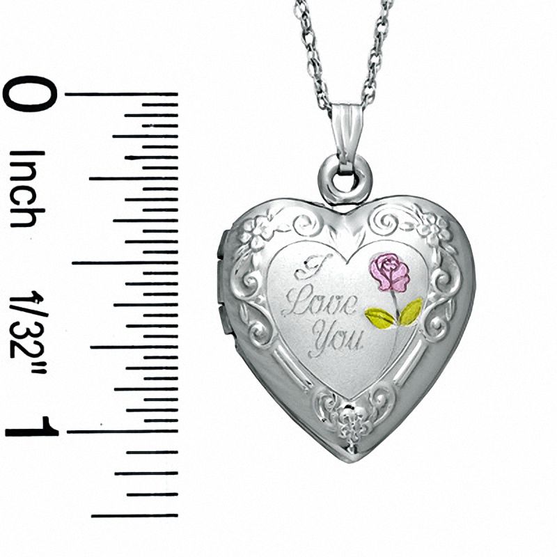 "I Love You" Floral Filigree Heart Locket in Sterling Silver with Pink and Green Resin