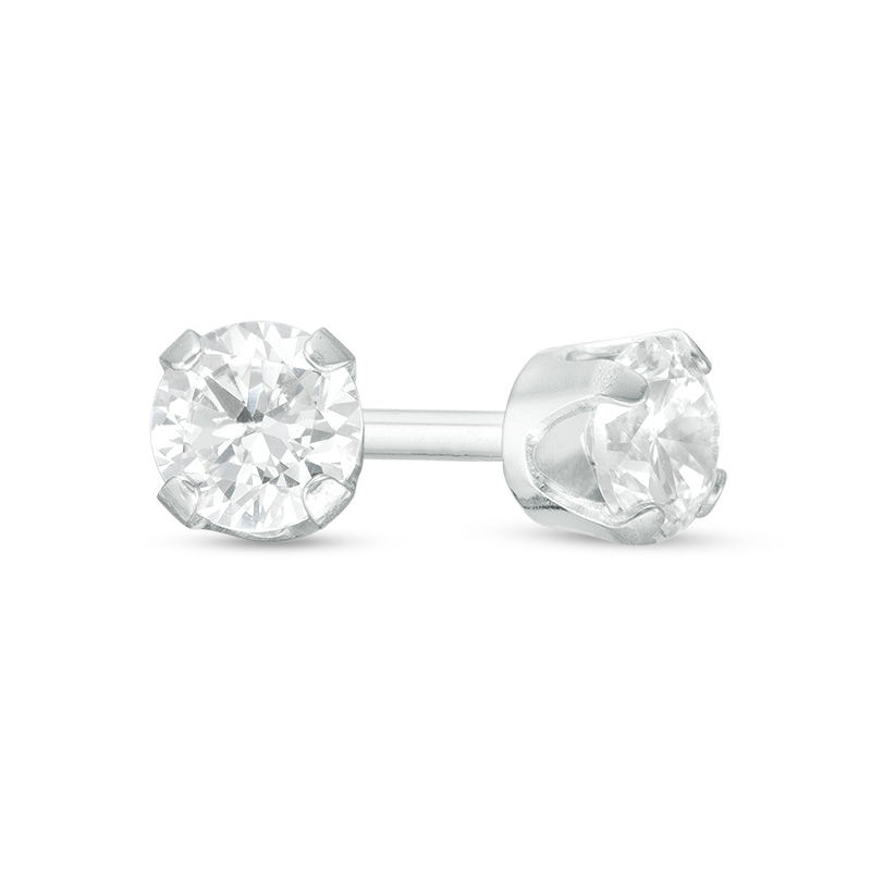 3mm Cubic Zirconia Solitaire Stud Piercing Earrings in 14K Solid White Gold - Extra Long Post