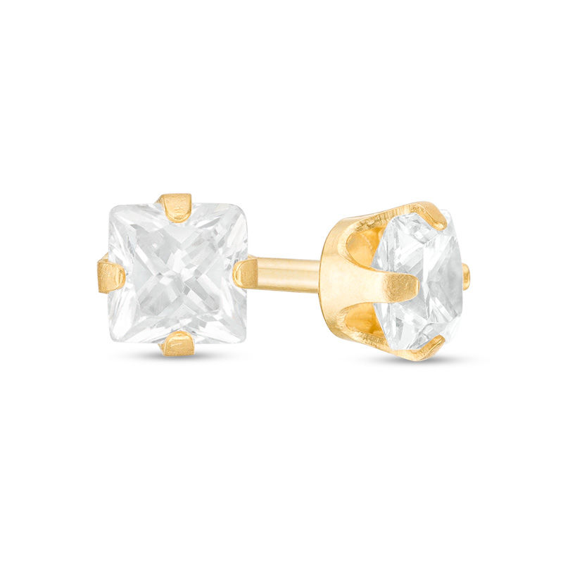 3mm Princess-Cut Cubic Zirconia Solitaire Stud Piercing Earrings in 14K Solid Gold