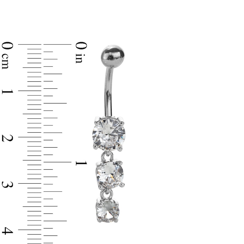 Solid Stainless Steel CZ Three-Stone Dangle Belly Button Ring - 14G