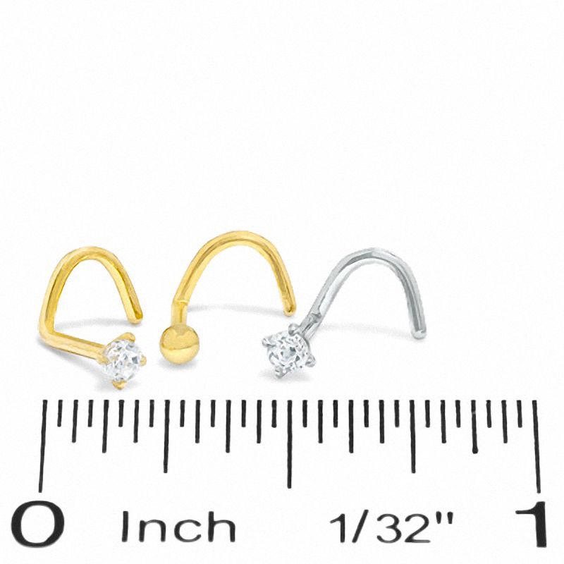 10K Hollow and Solid Yellow and Whte Gold CZ Screw Nose Stud Set - 22G