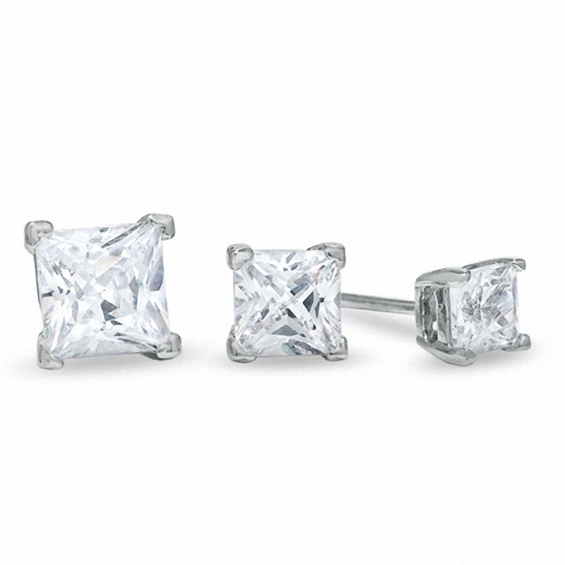 Princess-Cut Cubic Zirconia Three-Piece Stud Earrings Set in Sterling Silver
