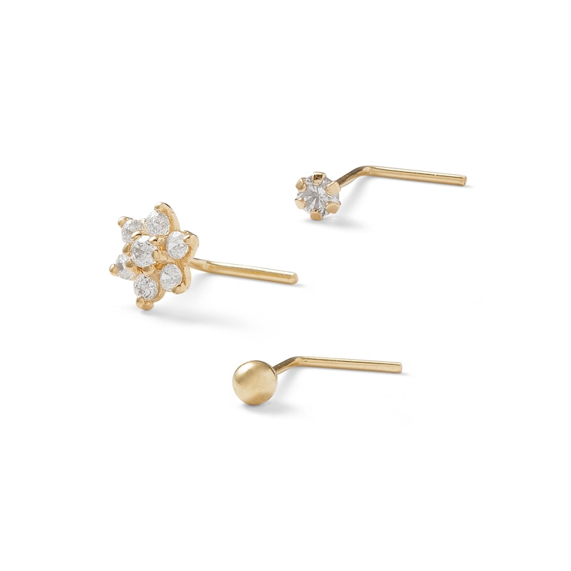 10K Solid Gold CZ Solitaire and Flower Nose Stud Set - 24G