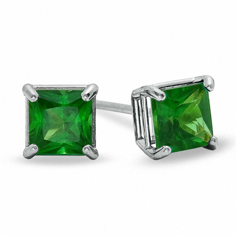 Real Diamond /& Princess Cut Channel Set Emerald Post Earrings in 14k White Gold