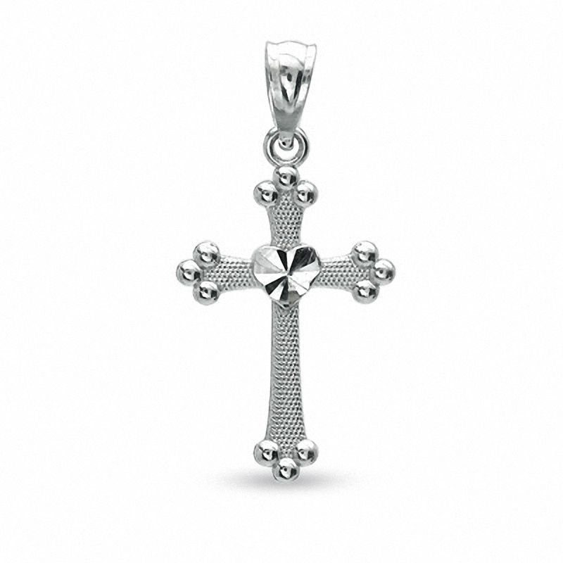 Budded Cross with Diamond-Cut Heart Charm in 10K White Gold