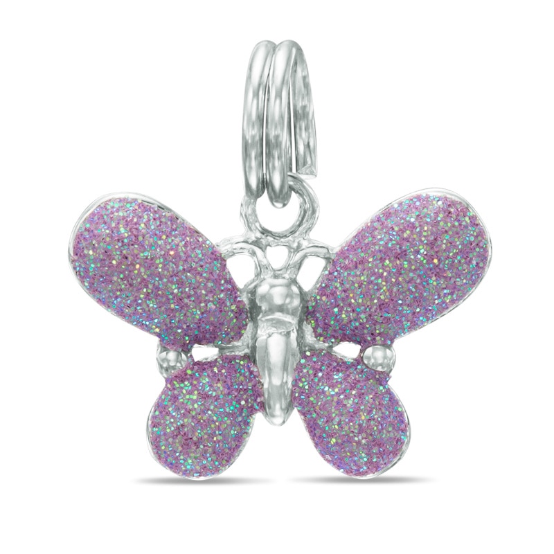 Purple Glitter Enamel Butterfly Charm in Sterling Silver