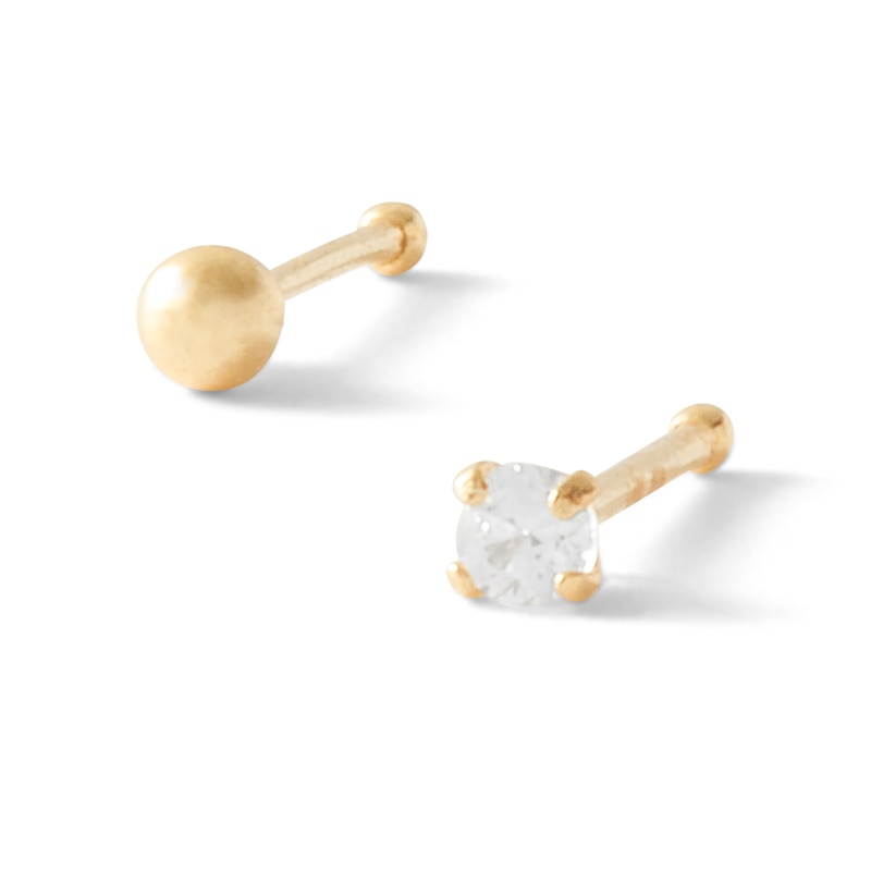 14K Hollow and Semi-Solid Gold CZ Nose Stud Set - 22G