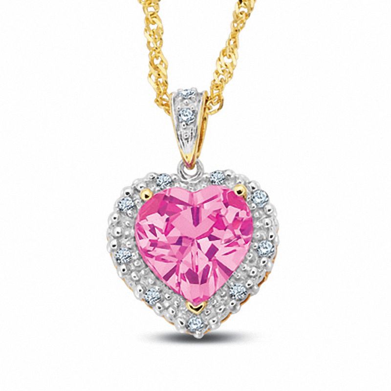 Lab-Created Heart-Shaped Pink Sapphire Pendant in 10K Gold with Diamond Accents