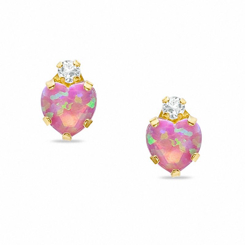 5mm Heart-Shaped Lab-Created Pink Opal Stud Earrings in 10K Gold with CZ