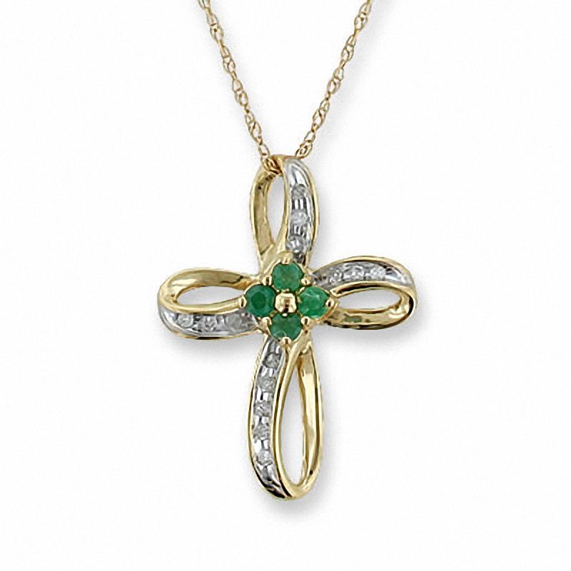 Emerald Cross Pendant with Diamond Accents in 10K Gold