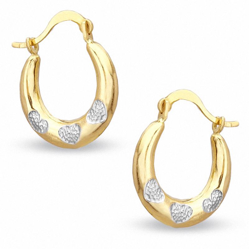 10K Two-Tone Gold Three Heart Hoop Earrings