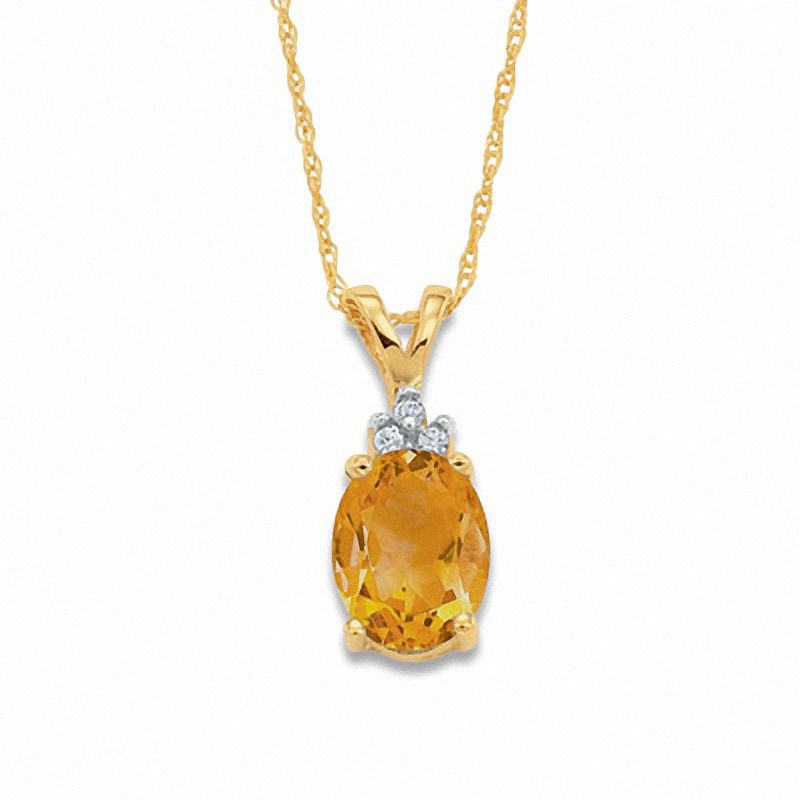Oval Citrine Pendant in 10K Gold with Tri-Top Diamond Accents
