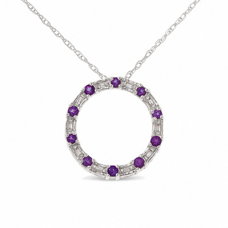 Amethyst Circle Pendant in 10K White Gold with Baguette Diamond Accents
