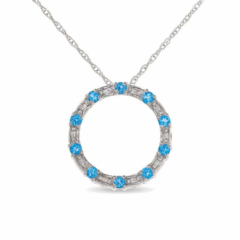 Blue Topaz Circle Pendant in 10K White Gold with Baguette Diamond Accents