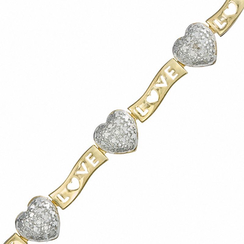 Diamond Accent Cluster Heart and LOVE Link Bracelet in 18K Gold-Plated Sterling Silver - 7.25"