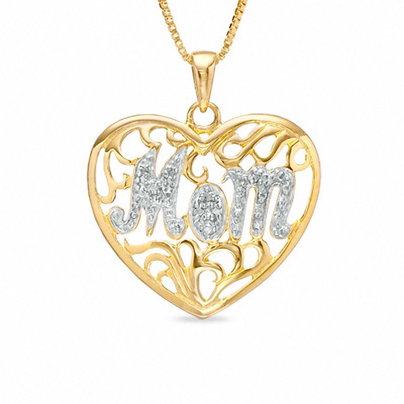 Diamond Accent "Mom" Heart Pendant in 18K Gold-Plated Sterling Silver