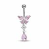 Thumbnail Image 0 of 014 Gauge Butterfly Belly Button Ring with Pink Cubic Zirconia in Stainless Steel