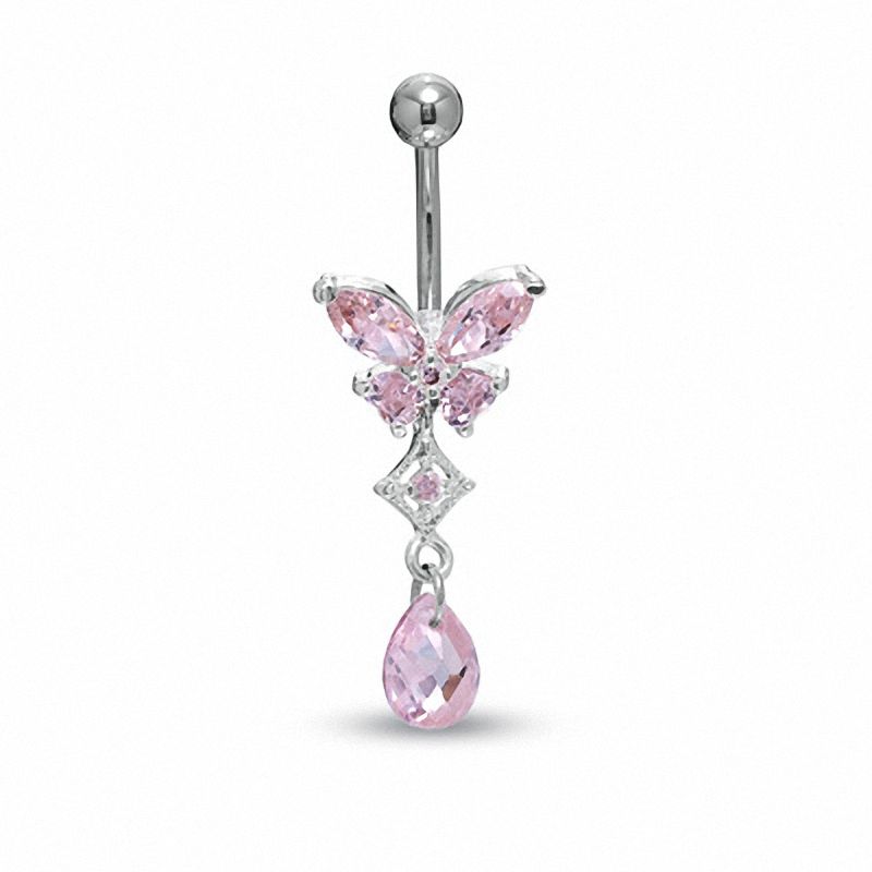 014 Gauge Butterfly Belly Button Ring with Pink Cubic Zirconia in Stainless Steel
