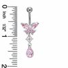 Thumbnail Image 1 of 014 Gauge Butterfly Belly Button Ring with Pink Cubic Zirconia in Stainless Steel