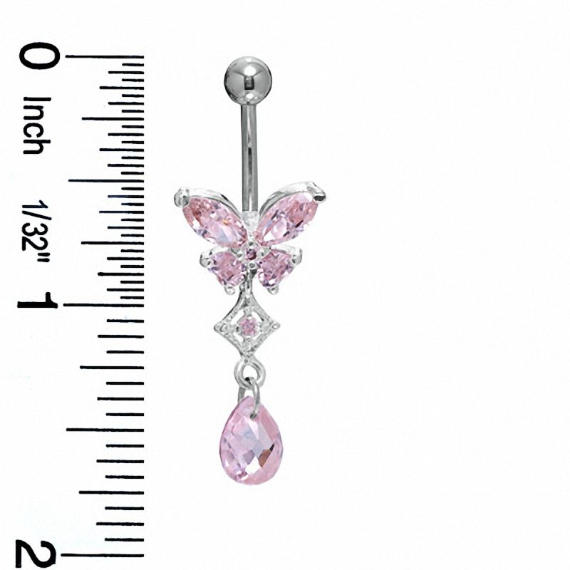014 Gauge Butterfly Belly Button Ring with Pink Cubic Zirconia in Stainless Steel