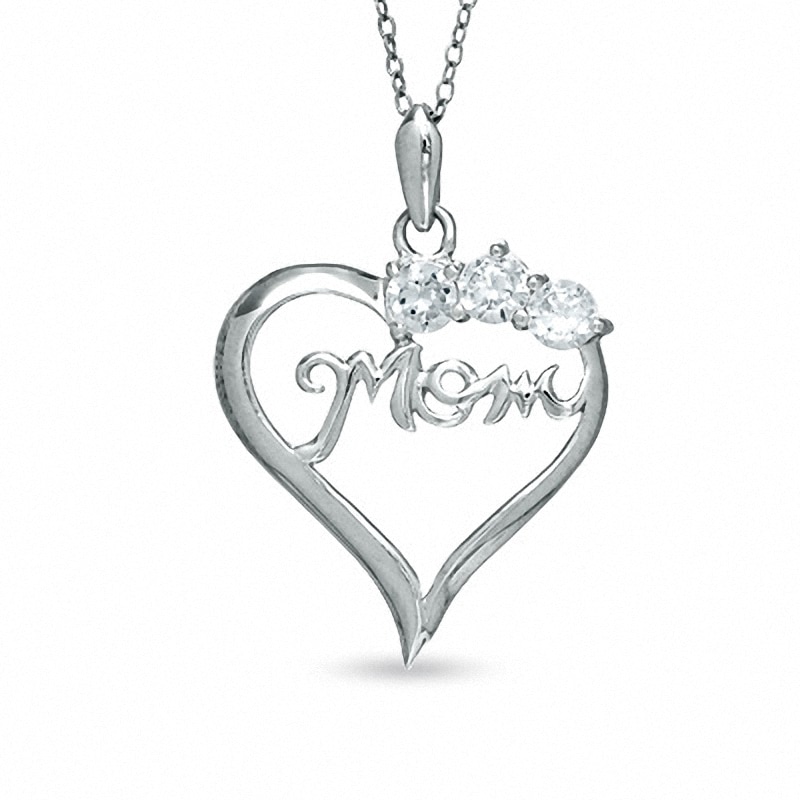 Cubic Zirconia Three Stone MOM Heart Pendant in Sterling Silver