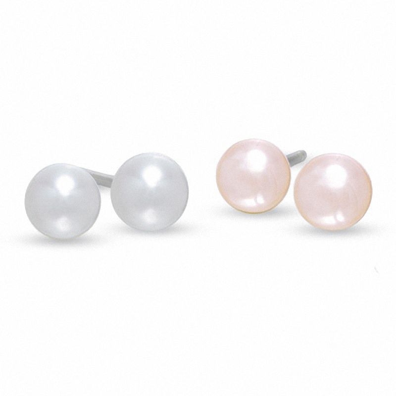 Child's 4mm White and Pink Cultured Freshwater Pearl Stud Earrings Set in Sterling Silver