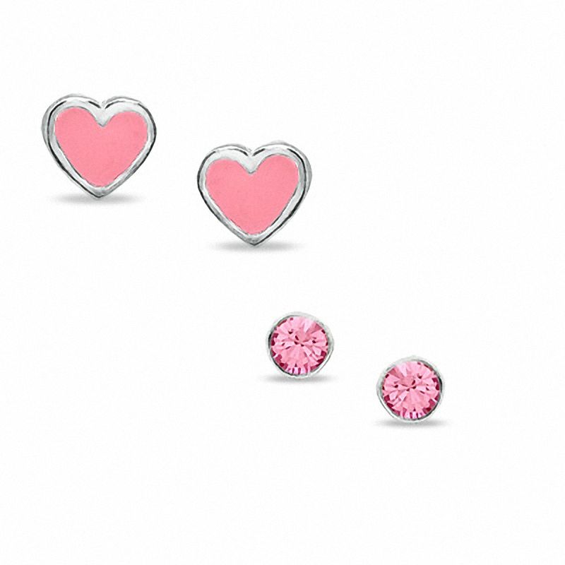 Child's 3mm Pink Cubic Zirconia Balls and Pink Enamel Heart Stud Earrings Set in Sterling Silver