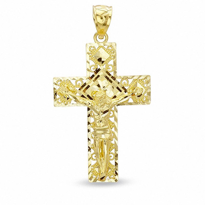 Crucifix with Diamond-Cut Filigree Outline Charm in 10K Gold