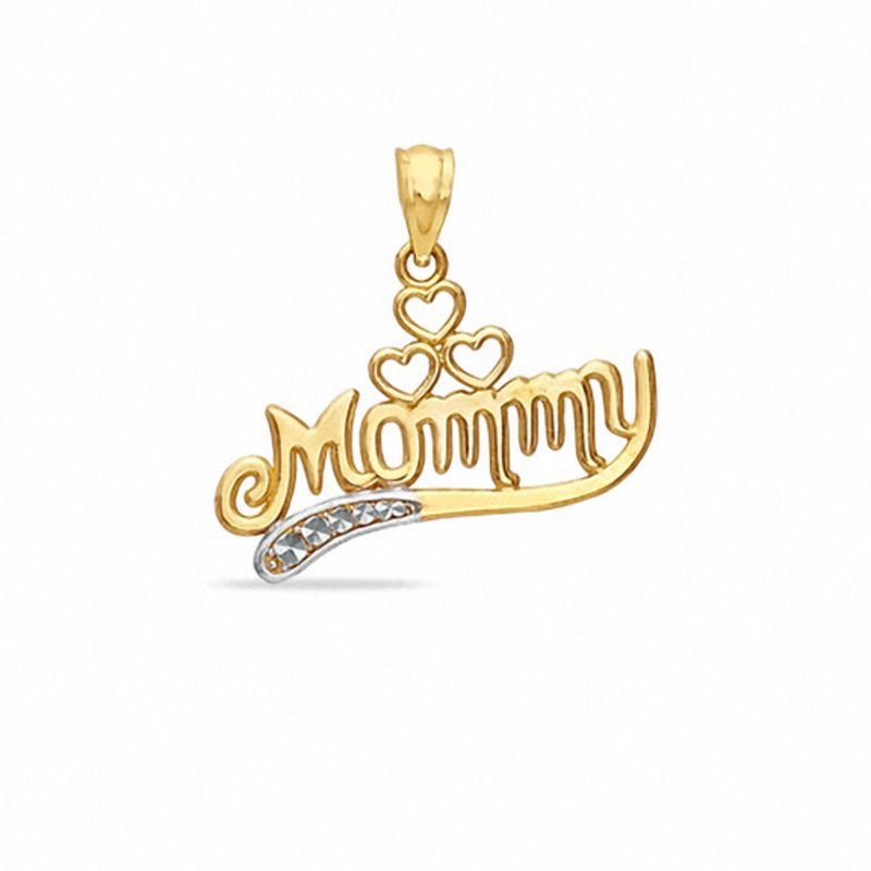 Cursive "Mommy" with Cut-Out Hearts Two-Tone Necklace Charm in 10K Gold