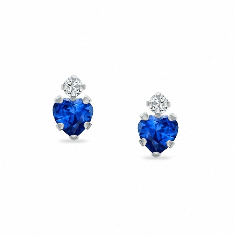 4mm Heart-Shaped Lab-Created Sapphire Stud Earrings in 10K White Gold with CZ