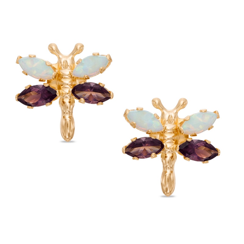 Simulated Opal and Amethyst Dragonfly Stud Earrings in 10K Gold