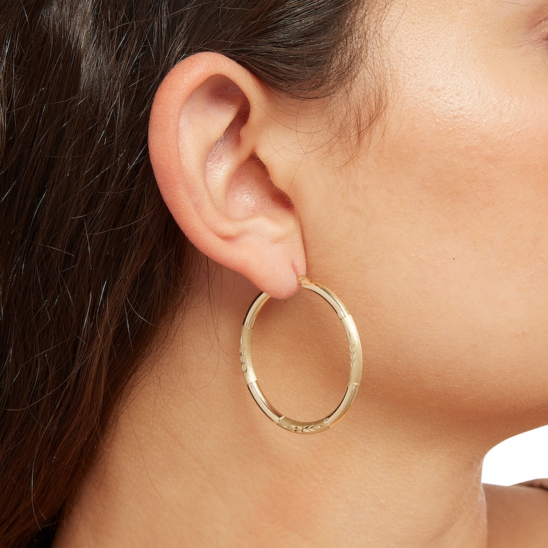 40mm Satin and Florentine Hoop Earrings in 10K Tube Hollow Gold
