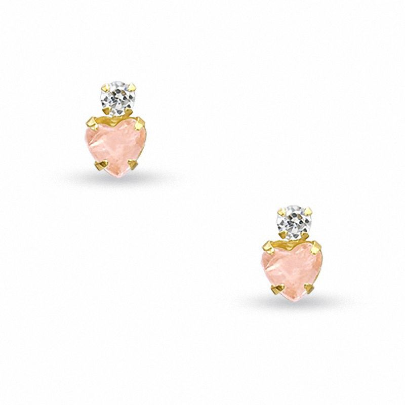 Child's 4mm Heart-Shaped Rose Quartz Stud Earrings in 14K Gold with CZ