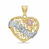 Thumbnail Image 0 of Cubic Zirconia Rose with "MOM" Banner Diamond-Cut Filigree Heart Tri-Tone Necklace Charm in 10K Gold