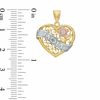 Thumbnail Image 1 of Cubic Zirconia Rose with "MOM" Banner Diamond-Cut Filigree Heart Tri-Tone Necklace Charm in 10K Gold