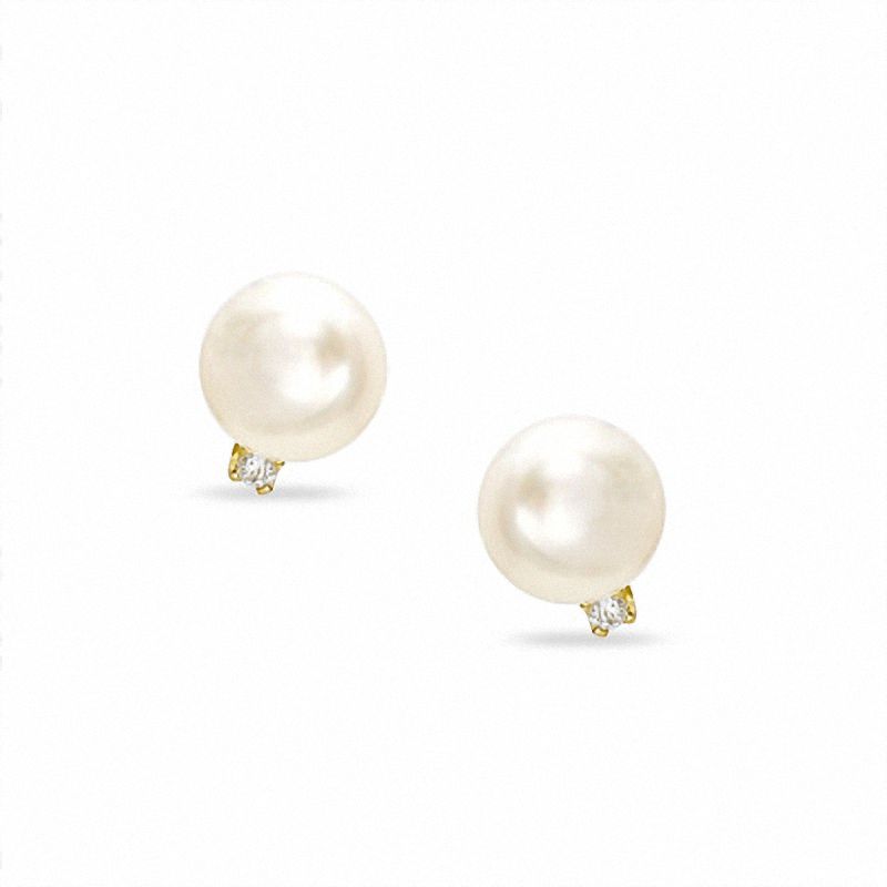 Cultured Akoya Pearl and Diamond Accent Stud Earrings in 10K Gold