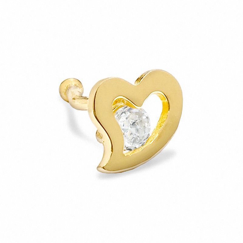 022 Gauge Heart Nose Stud with White Cubic Zirconia in 14K Gold