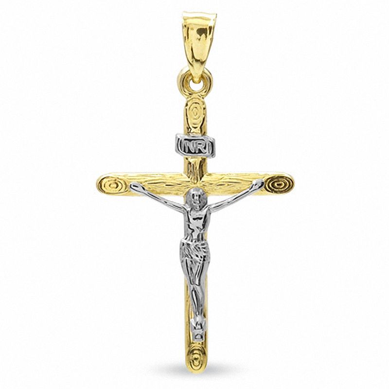 Wood Grain Crucifix Charm in 10K Two-Tone Gold