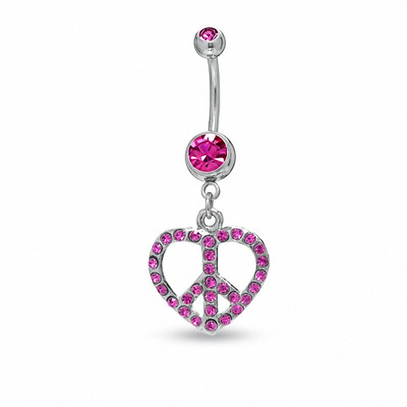 014 Gauge Heart-Shaped Peace Sign Belly Button Ring with Pink Cubic Zirconia in Stainless Steel