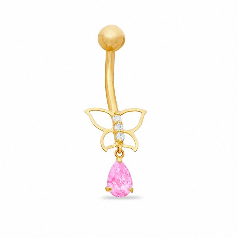 014 Gauge Open Butterfly Belly Button Ring with Pear-Shaped Purple Cubic Zirconia in 10K Gold