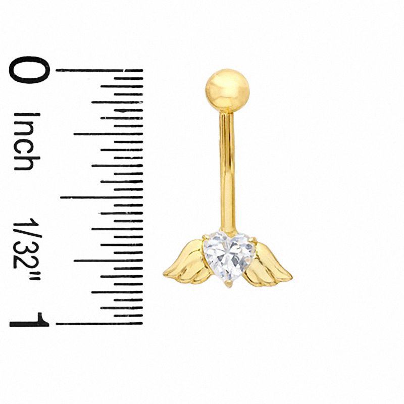 014 Gauge Angel Wings Belly Button Ring with Cubic Zirconia Heart in 10K Gold