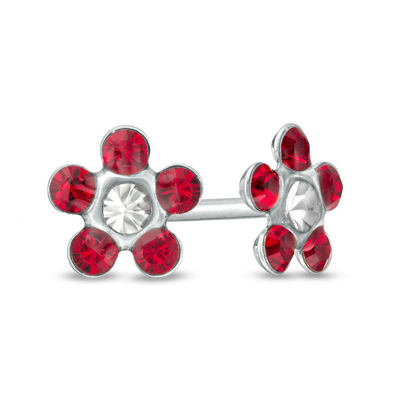 Red Crystal Daisy Stud Piercing Earrings in 14K Solid White Gold