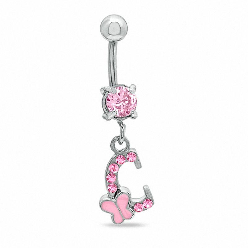 014 Gauge Butterfly "C" Belly Button Ring with Pink Crystals in Stainless Steel