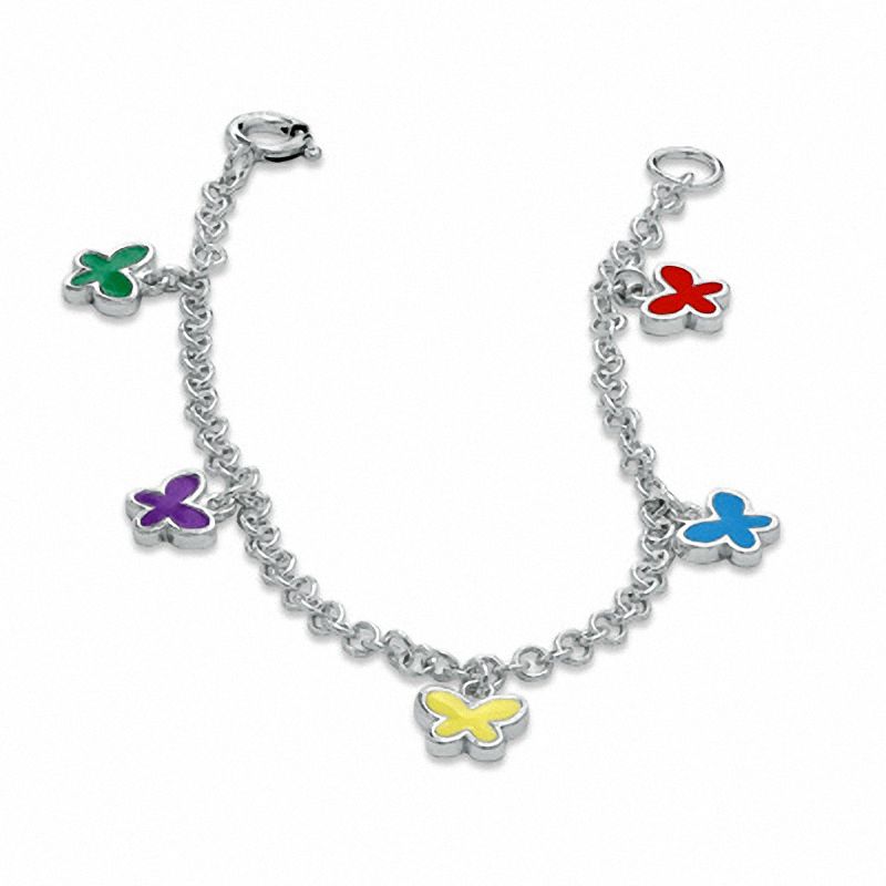 Child's Multi-Color Enamel Butterfly Charm Bracelet in Sterling Silver - 5.5"