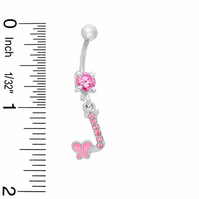 014 Gauge "J" and Butterfly Belly Button Ring with Pink Crystals in Stainless Steel