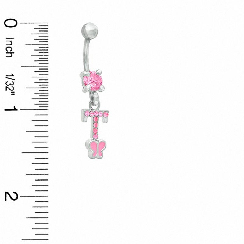 014 Gauge "T" and Butterfly Belly Button Ring with Pink Crystals in Stainless Steel
